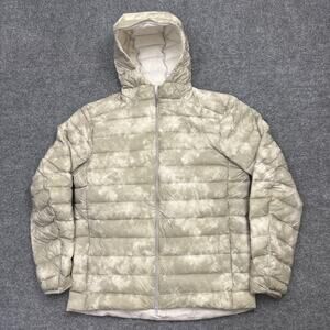 Lululemon Down Puffer Jacket Mens Large Gray Tie Dye Hooded Goose Feather Winter